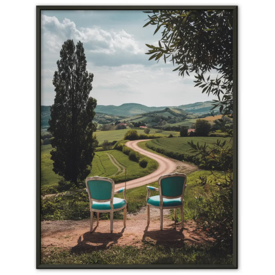 Poster malerische Landschaft mit Vintage Stühlen und Hügeln