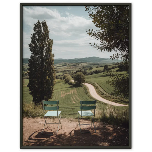 Malerisches Landschafts Poster mit Vintage Stühlen und Hügeln 1