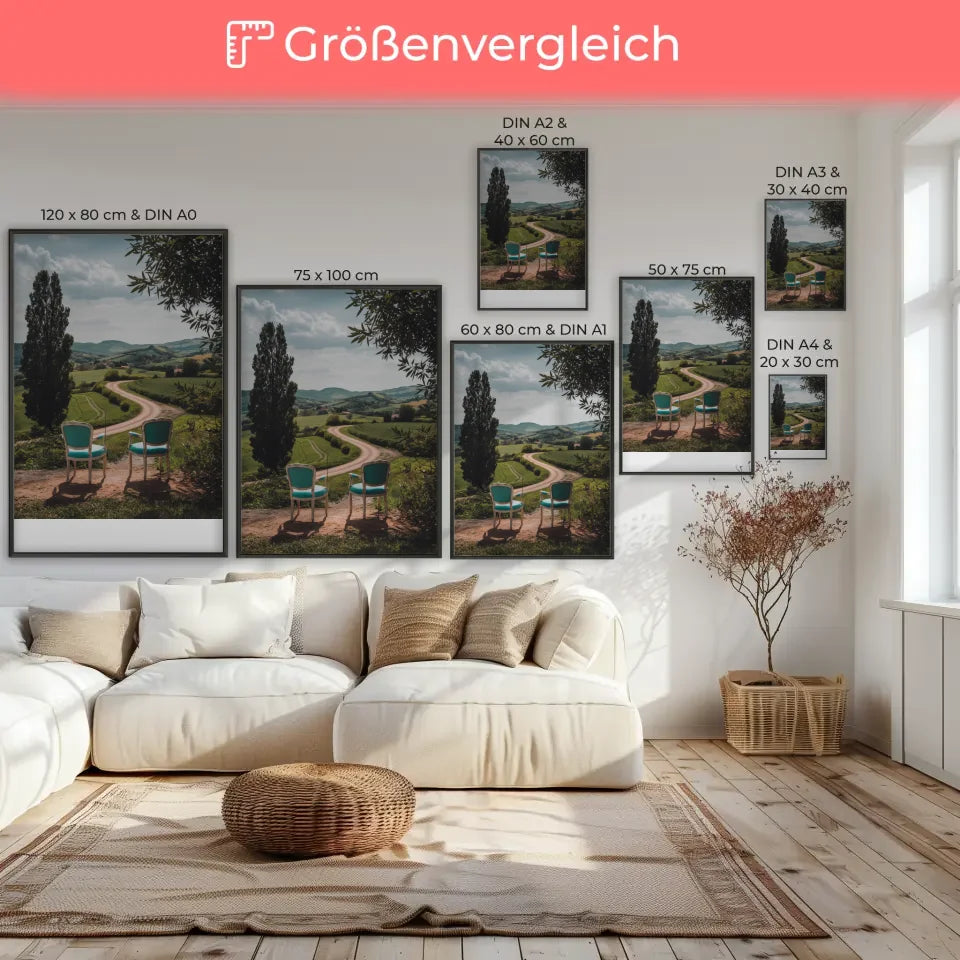 Poster malerische Landschaft mit Vintage Stühlen und Hügeln