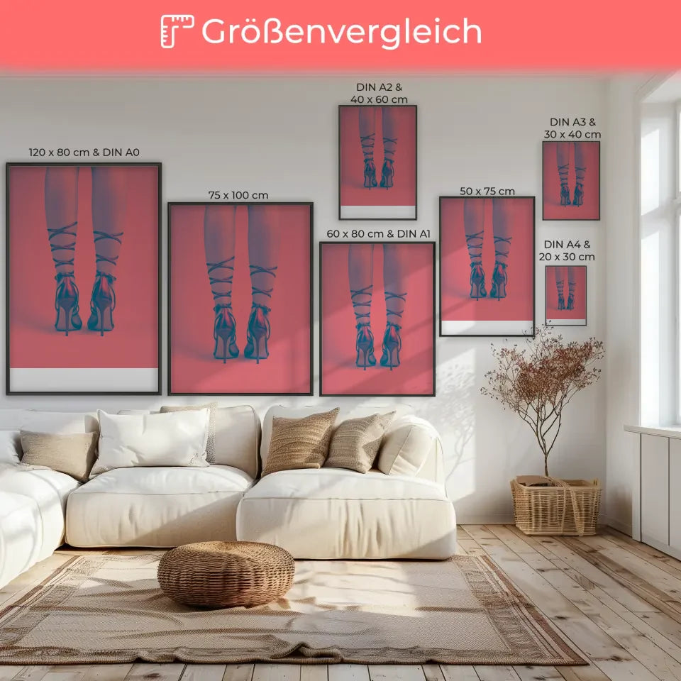 Poster mit roten Riemchensandalen im Fokus