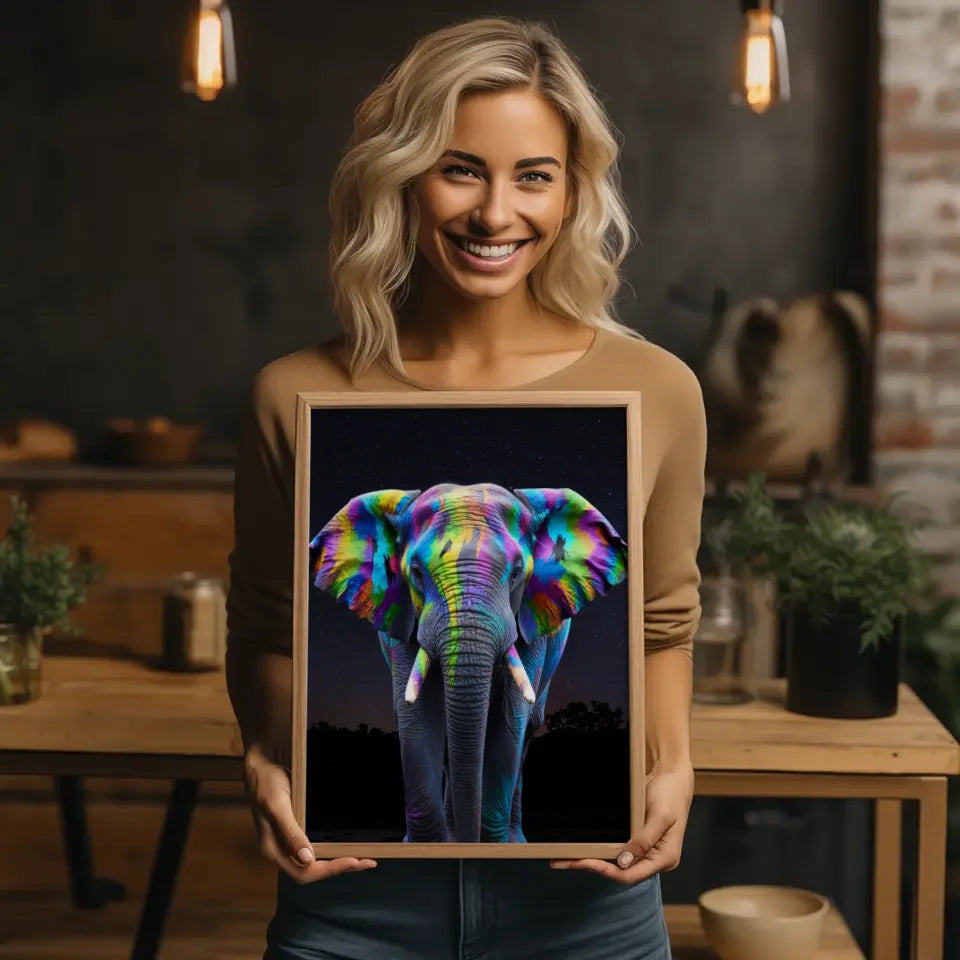 Farbenfrohes Elefant Poster mit abstraktem Muster im Nachthimmel 2