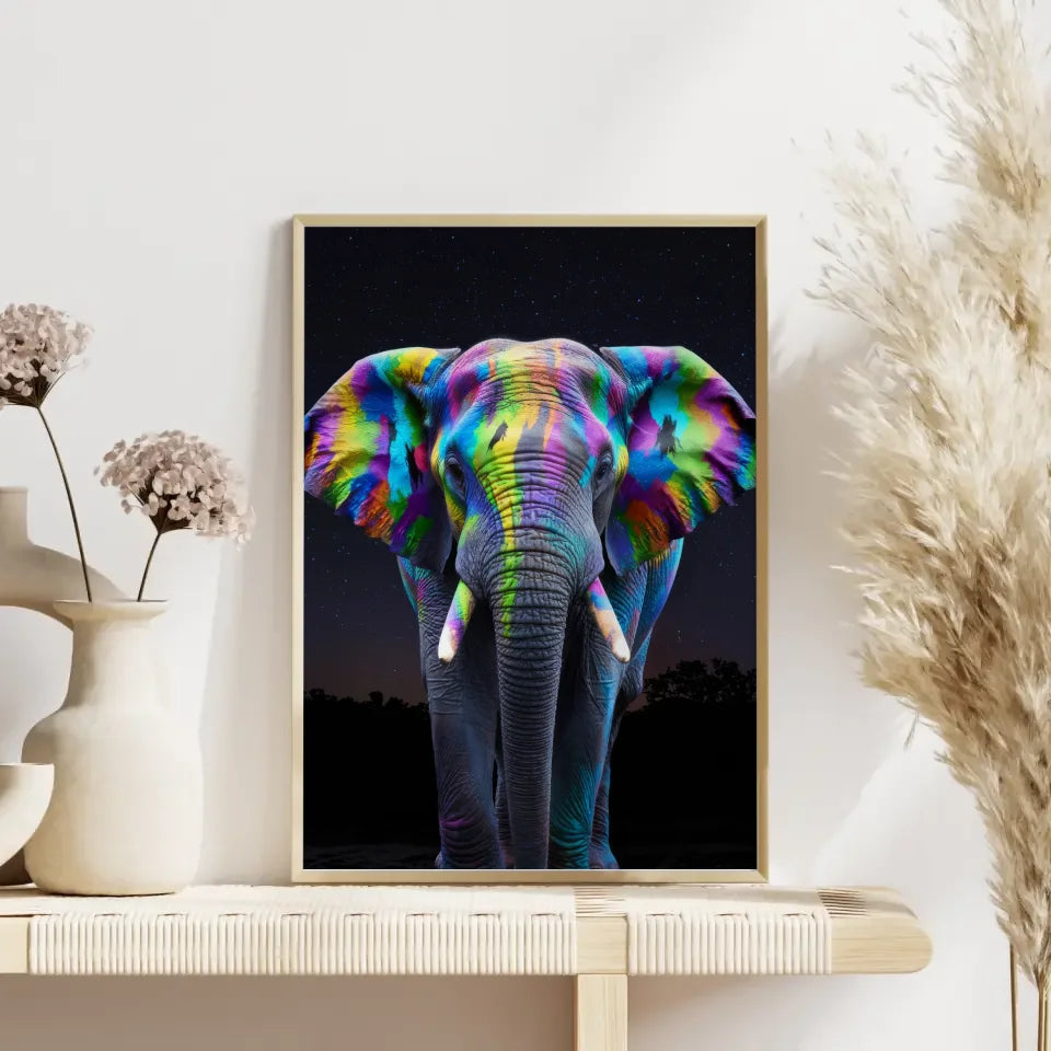 Farbenfrohes Elefant Poster mit abstraktem Muster im Nachthimmel 4