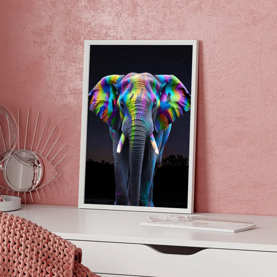 Farbenfrohes Elefant Poster mit abstraktem Muster im Nachthimmel 5