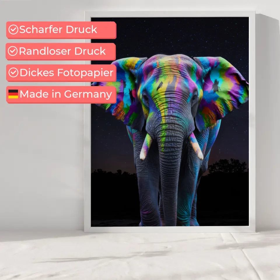 Farbenfrohes Elefant Poster mit abstraktem Muster im Nachthimmel 6