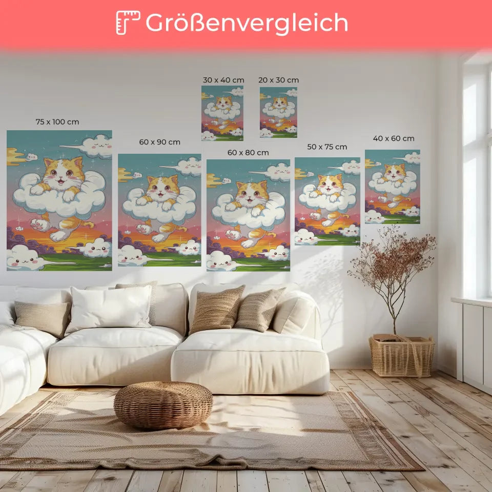 Niedliches Poster mit Kätzchen in Wolken für Katzenliebhaber