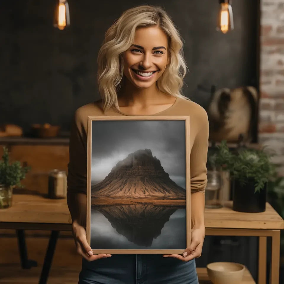 Poster majestätische Felsformation mit mystischem Nebel im See