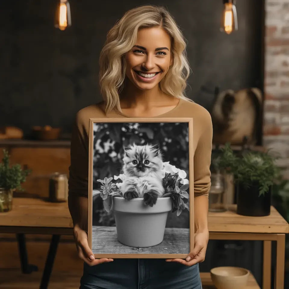 Poster mit Kätzchen im Blumentopf flauschig und süß für Katzenliebhaber