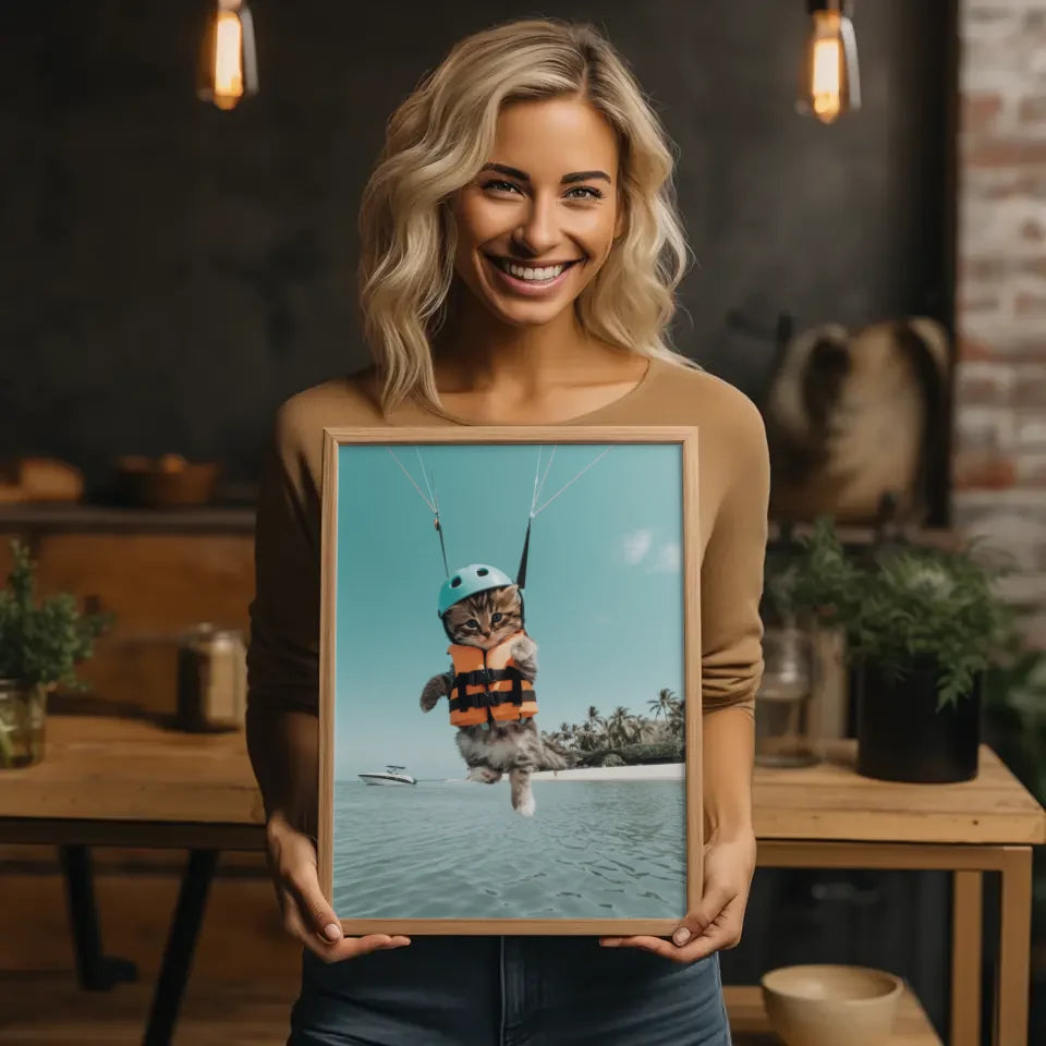 Poster mit Kätzchen im Parasailing am Strand