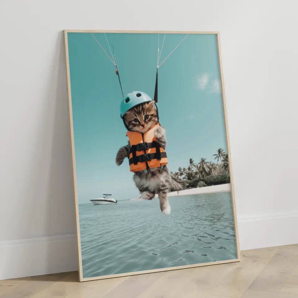 Poster mit Kätzchen im Parasailing am Strand