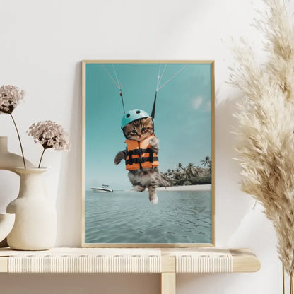 Poster mit Kätzchen im Parasailing am Strand