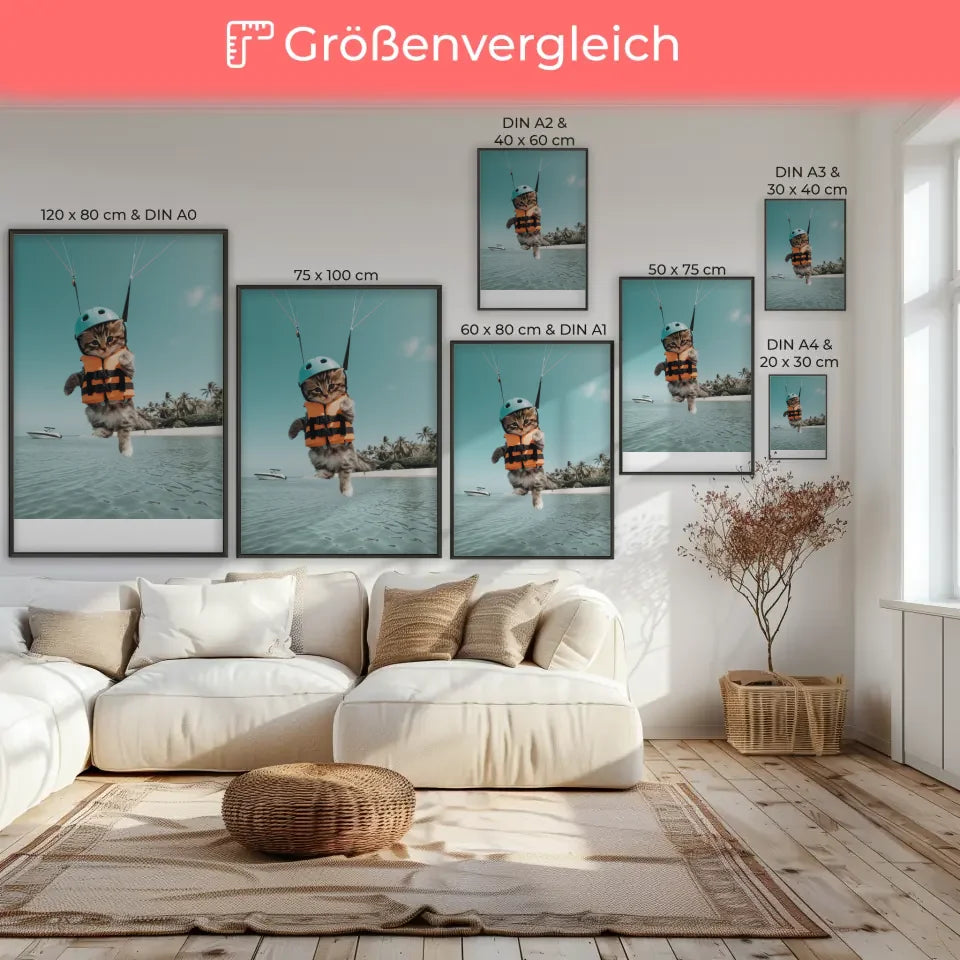 Poster mit Kätzchen im Parasailing am Strand