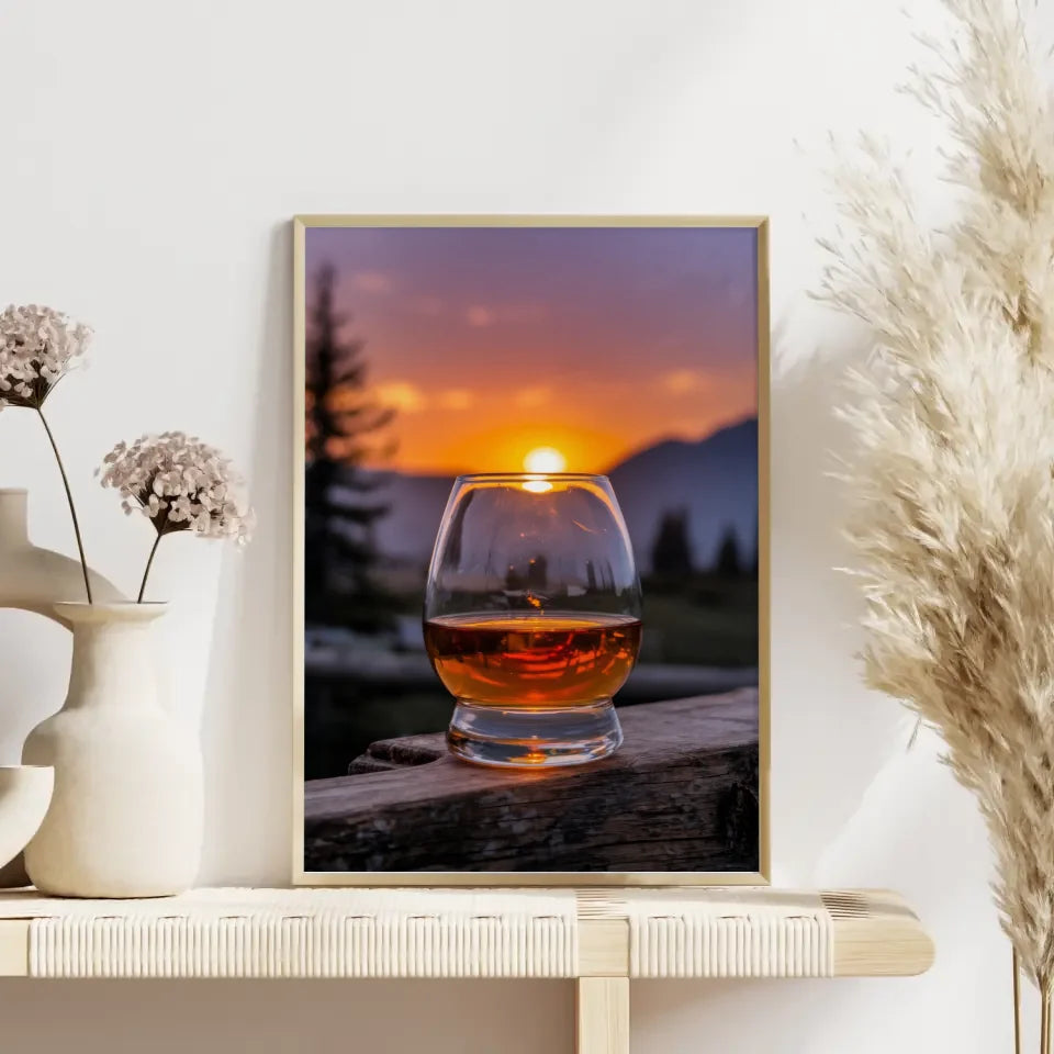 Poster von einem Whisky Glas mit Eiswürfeln in Dunkelheit