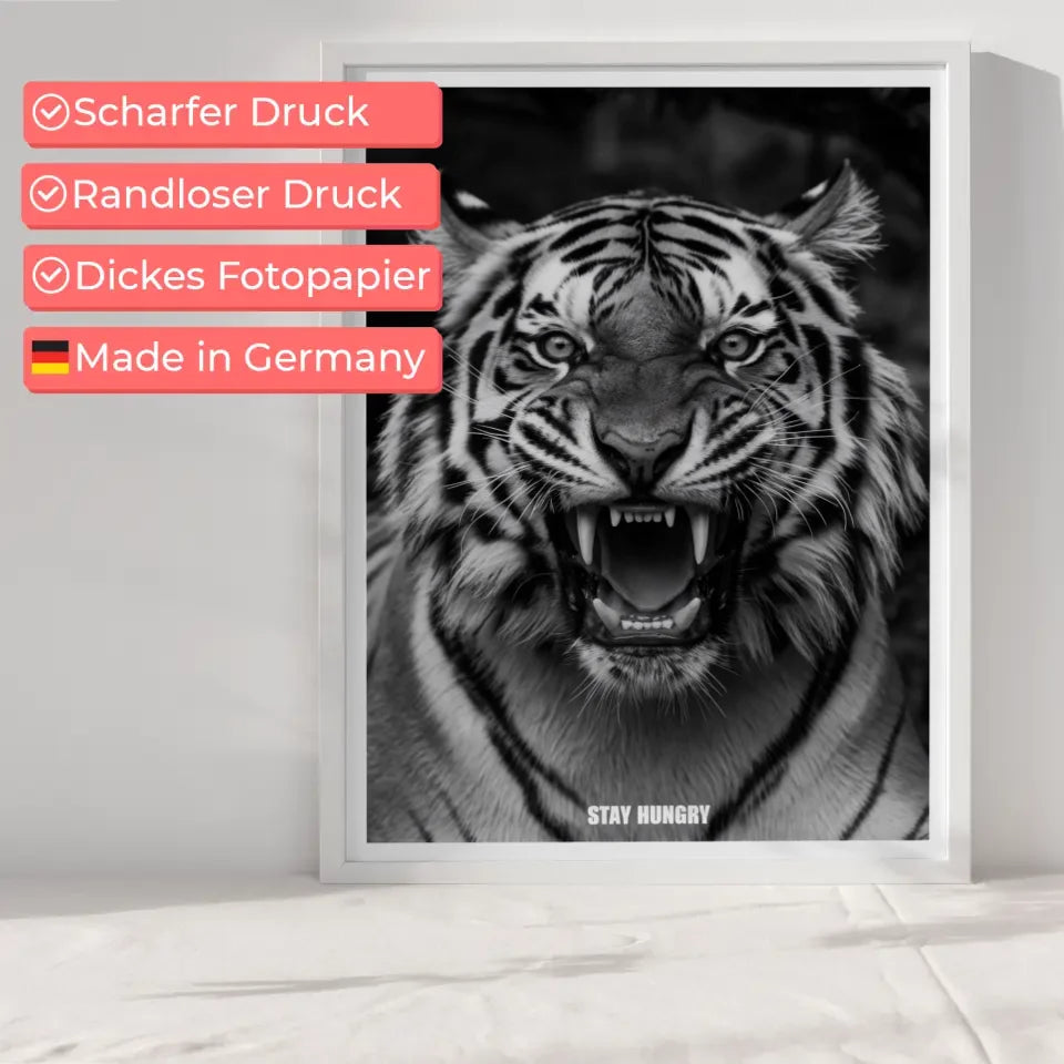 Tiger Poster mit starkem Fokus und dem Schriftzug Stay Hungry 6