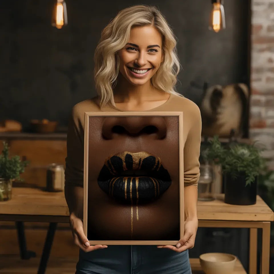 Poster goldene Tropfen auf schwarzen Lippen Kunst