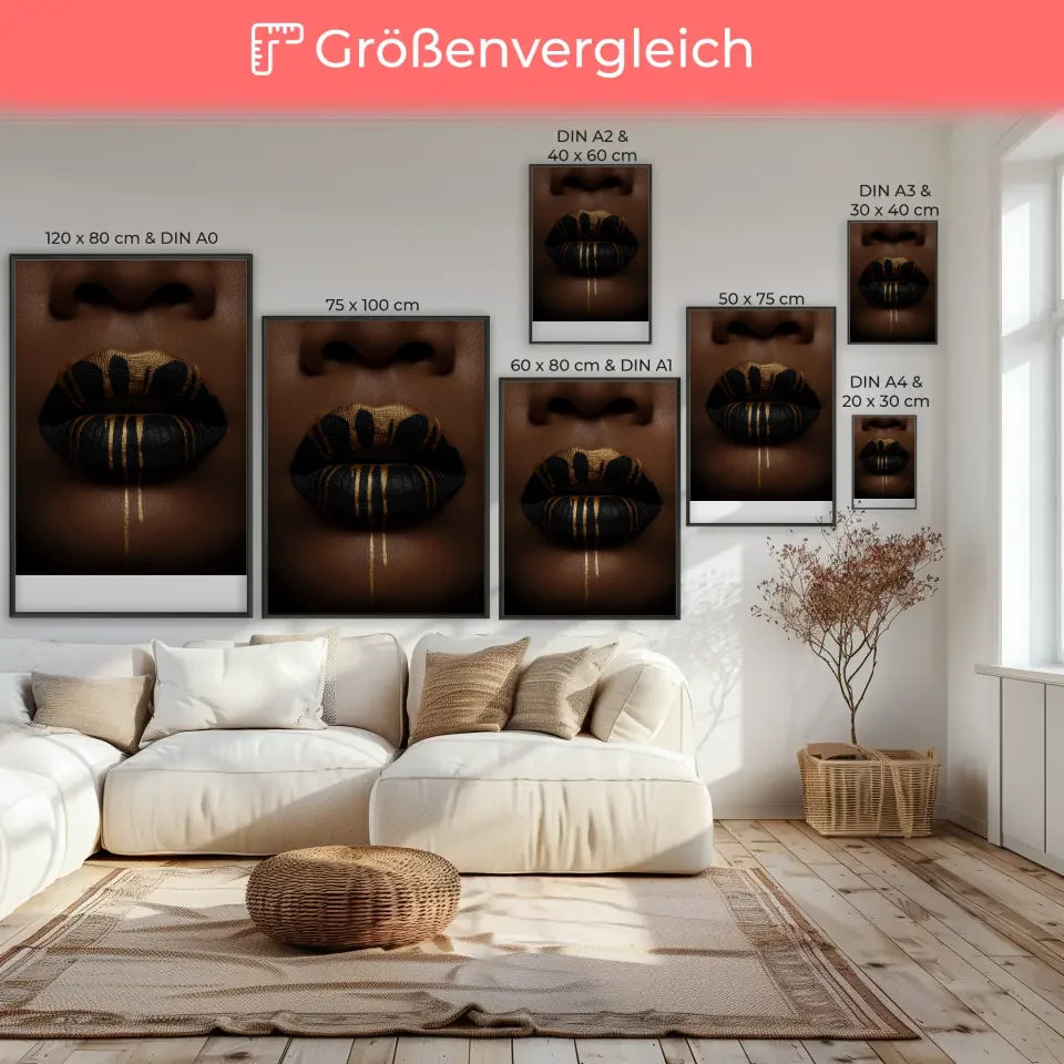 Poster goldene Tropfen auf schwarzen Lippen Kunst