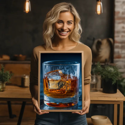 Poster Whisky im Glas mit Eiswürfeln in dunklem Hintergrund 2