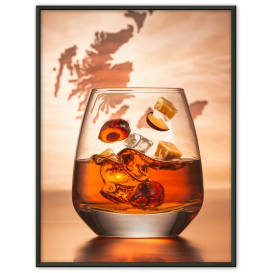 Whisky Genuss Poster mit Glas und schottischer Küstenlandschaft