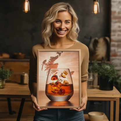 Whisky Genuss Poster mit Glas und schottischer Küstenlandschaft