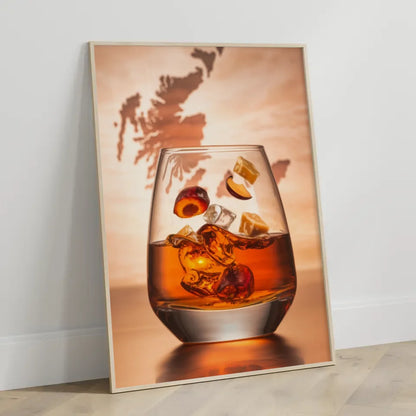 Whisky Genuss Poster mit Glas und schottischer Küstenlandschaft