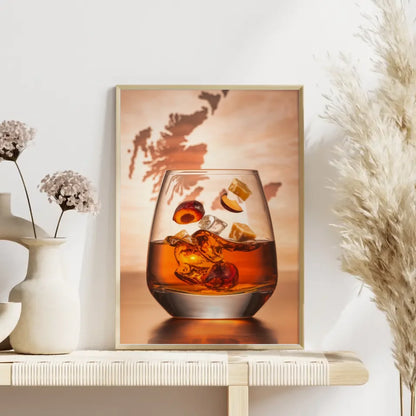 Whisky Genuss Poster mit Glas und schottischer Küstenlandschaft