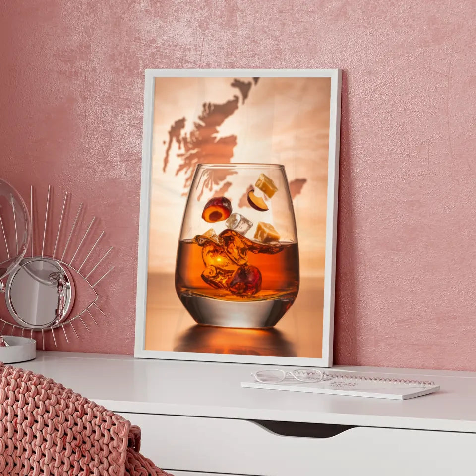 Whisky Genuss Poster mit Glas und schottischer Küstenlandschaft