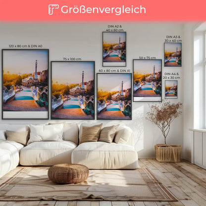 Minimalistisches Spanien-Poster mit skandinavischer Boho-Tonvase auf Holzoberfläche