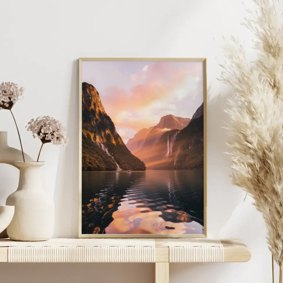 Minimalistisches Poster mit skandinavischer Boho Tonvase in Erdtönen – Neuseeland inspiriert