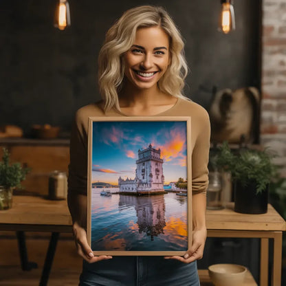 Poster Torre de Belém beeindruckendes Panorama Bild bei Sonnenuntergang 2