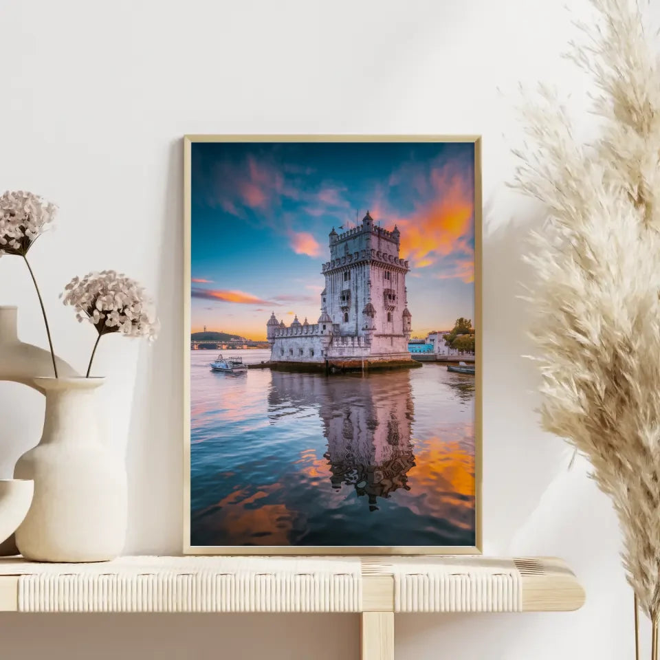 Poster Torre de Belém beeindruckendes Panorama Bild bei Sonnenuntergang 4