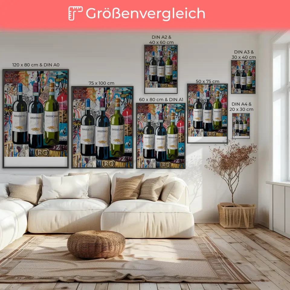 Urbanes Poster mit Weinflaschen und Graffiti Design