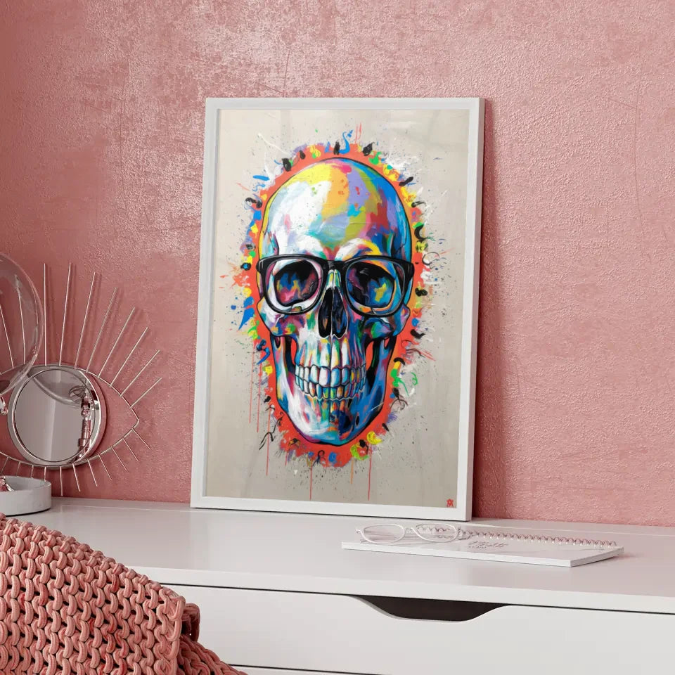 Farbiger Totenkopf Poster mit Brille für modernes Ambiente 5