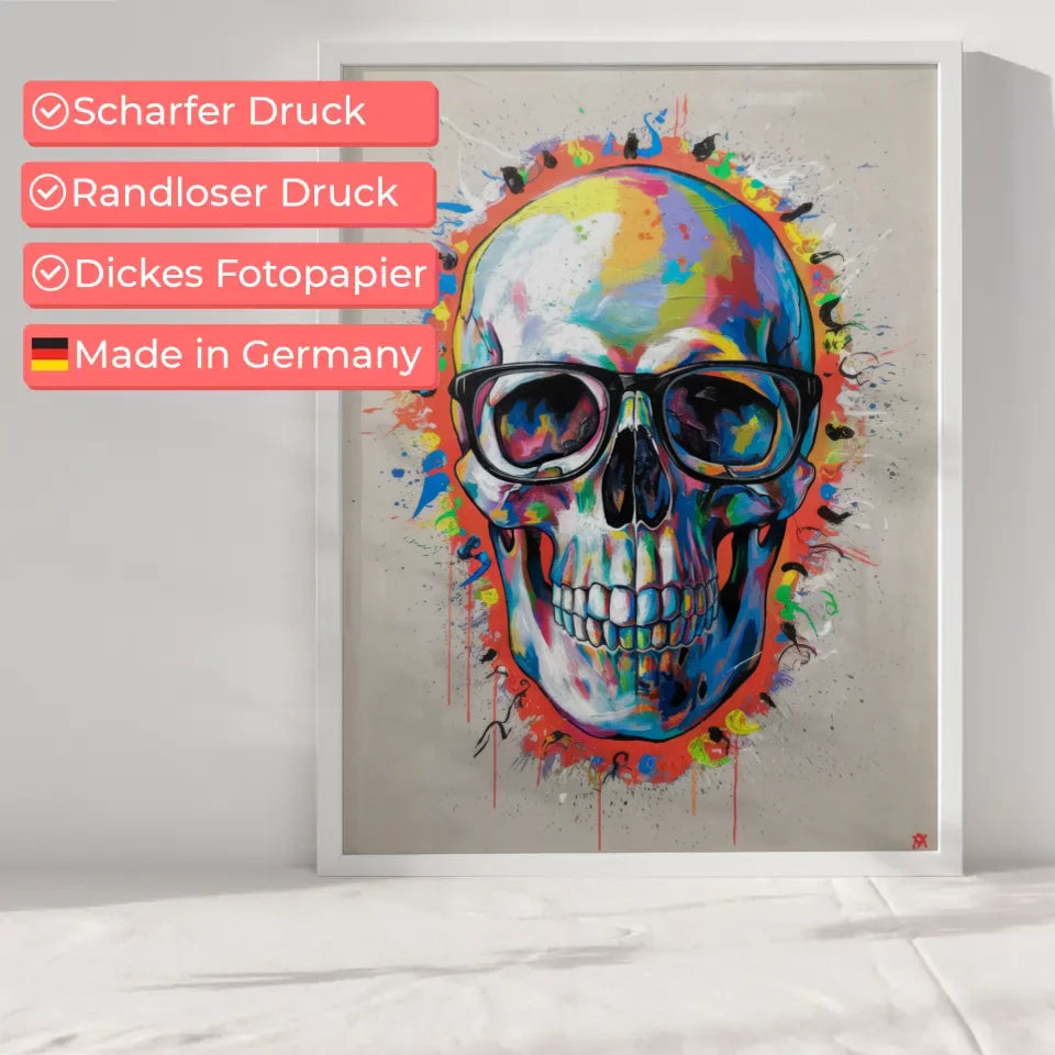 Farbiger Totenkopf Poster mit Brille für modernes Ambiente 6