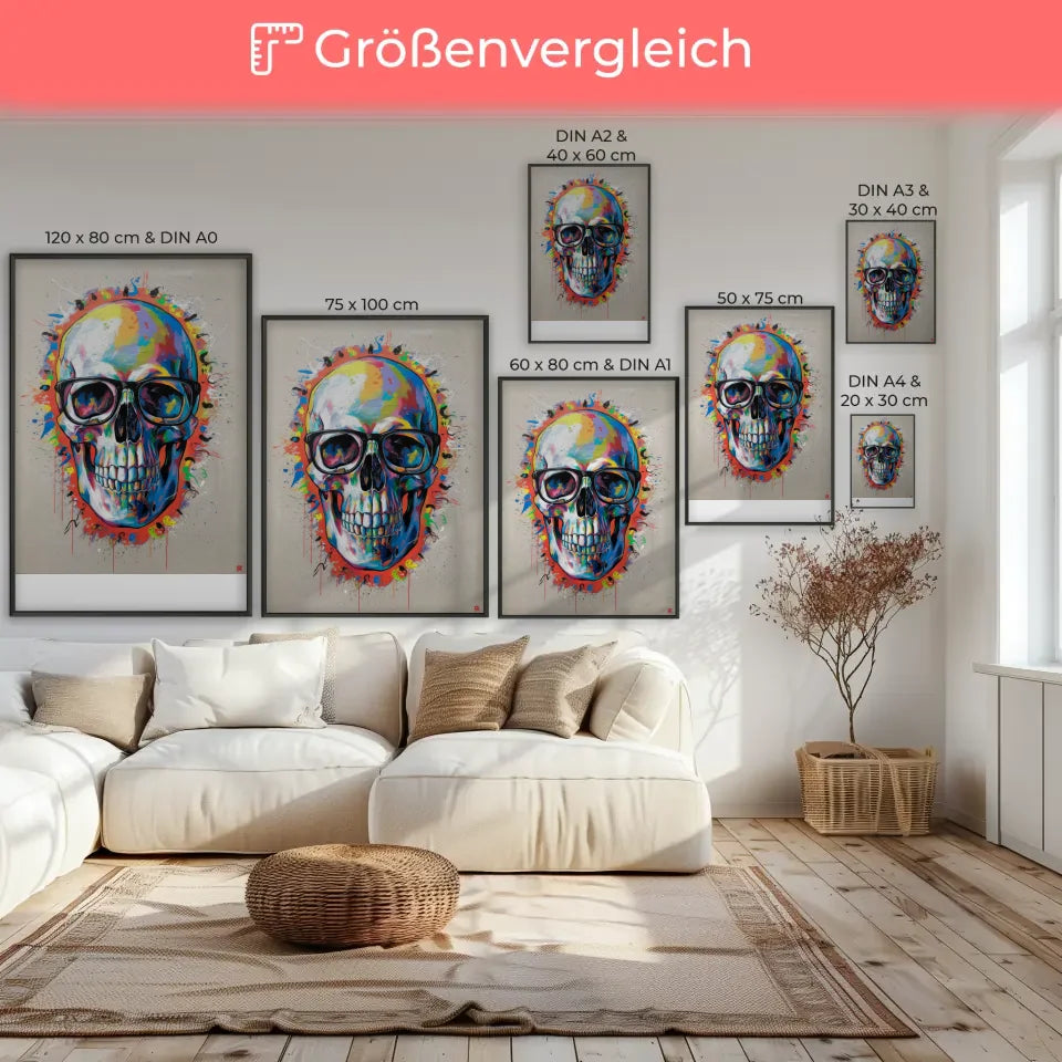Farbiger Totenkopf Poster mit Brille für modernes Ambiente 7