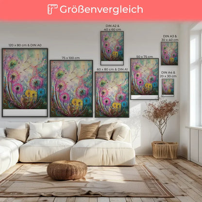 Abstraktes Poster mit Löwenzahn in leuchtenden Farben für Traumfänger