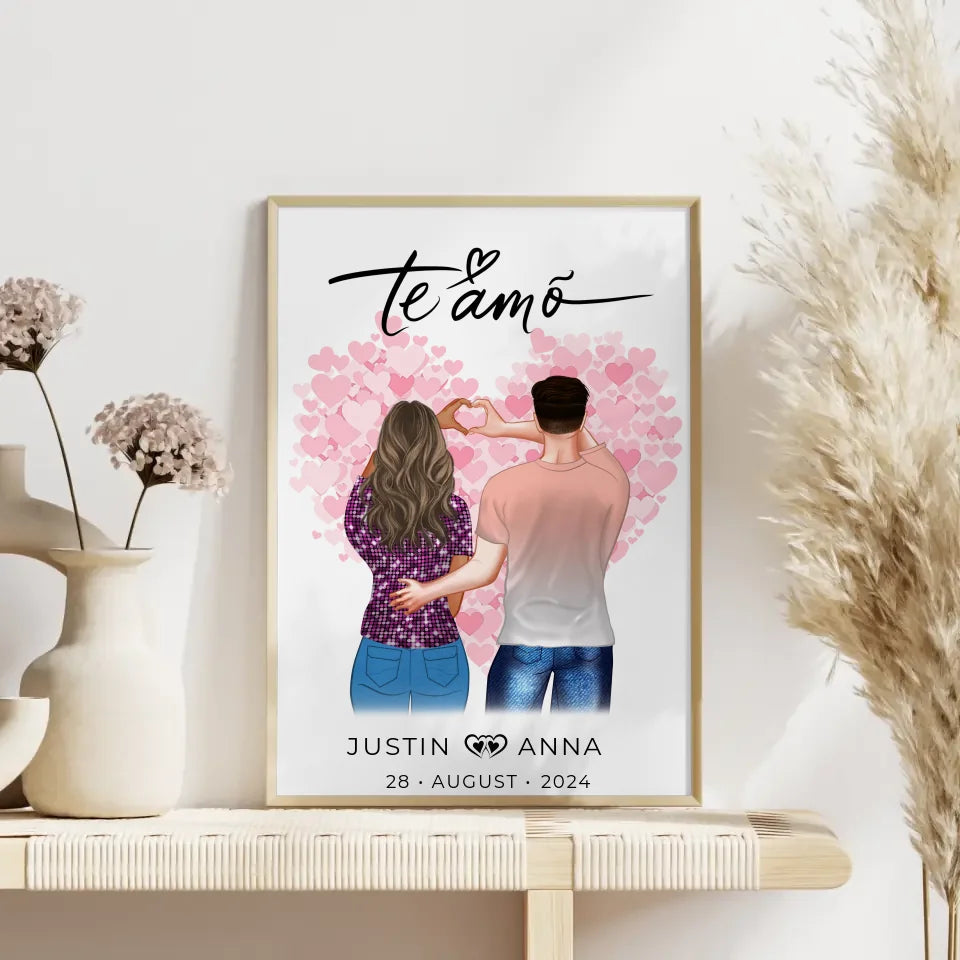 Personalisiertes Poster für Paare mit Figuren Te Amo und Namen