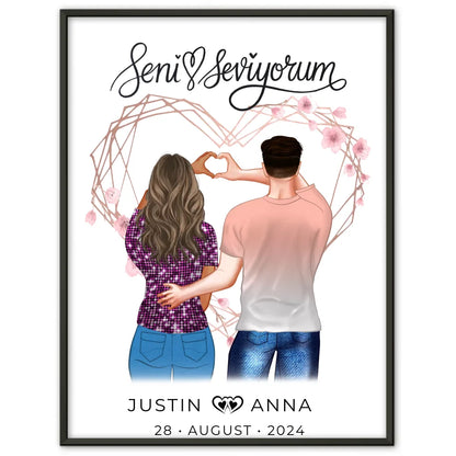 Personalisiertes Poster für Paare mit Figuren und Namen Seni Seviyorum