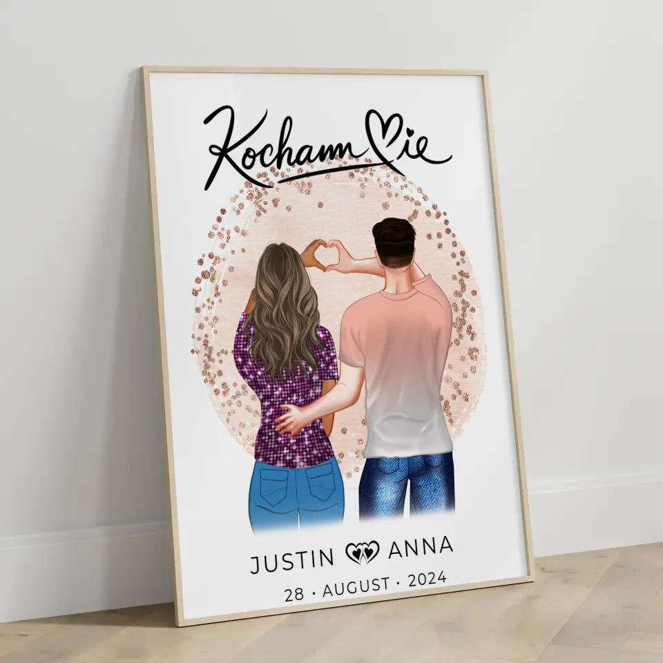 Personalisiertes Poster für Paare Figuren Kocham Cie mit Namen Verliebte