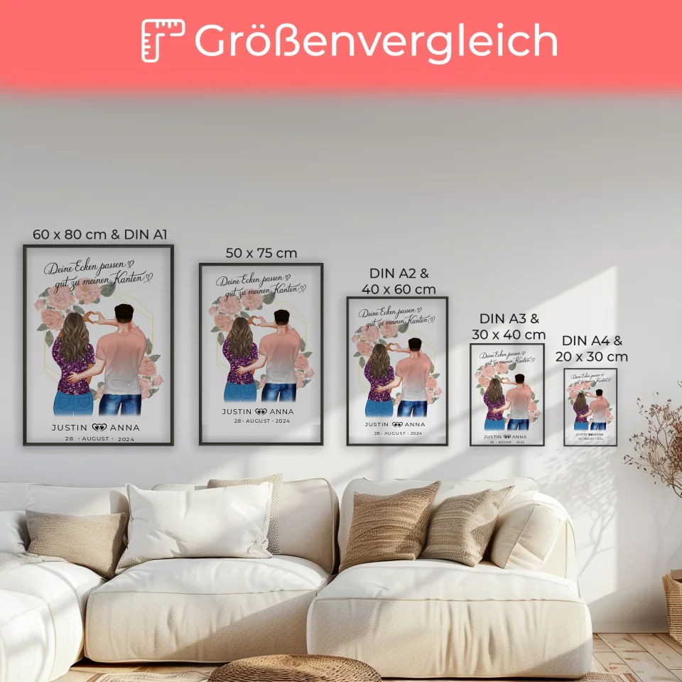 Personalisiertes Poster für Paare mit Figuren Deine Ecken Passen Gut Zu Meinen Kanten