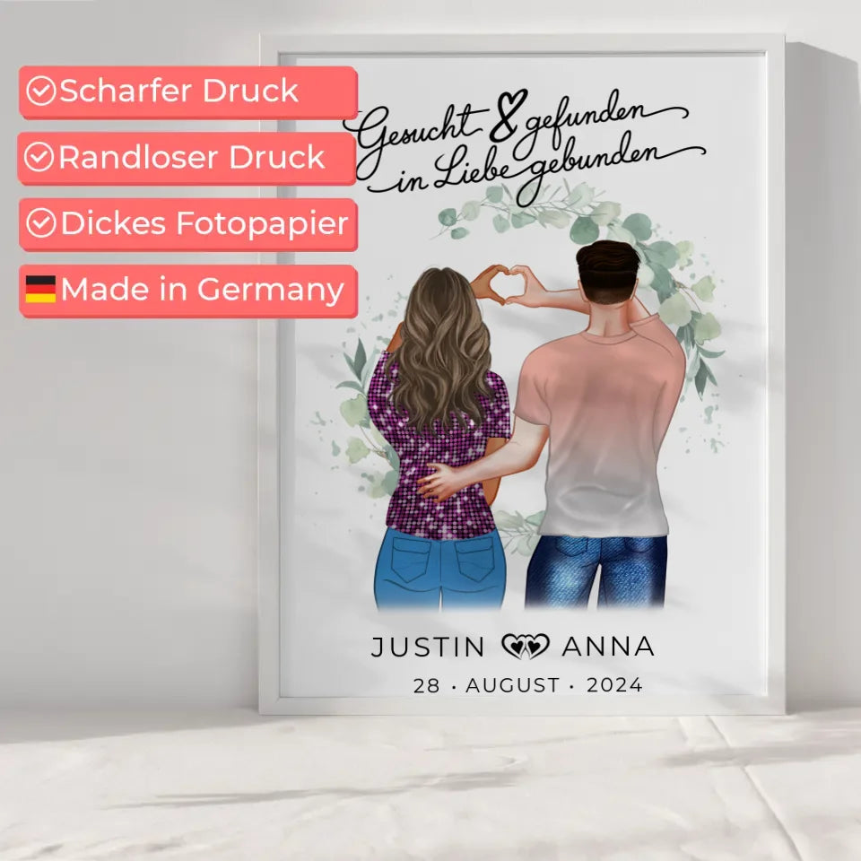 Personalisiertes Poster für Paare Figuren Gesucht Gefunden In Liebe Gebunden