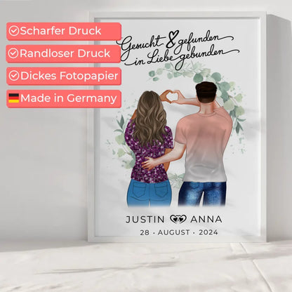 Personalisiertes Poster für Paare Figuren Gesucht Gefunden In Liebe Gebunden