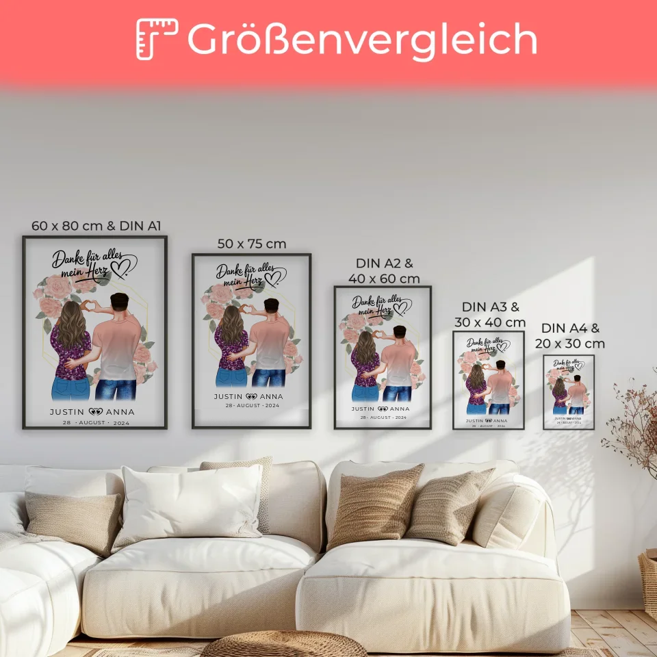 Personalisiertes Poster für Paare Figuren Danke Für Alles Mein Herz Verliebte mit Namen