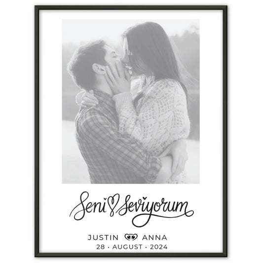 Personalisiertes Foto Poster Paare mit Namen Seni Seviyorum Schwarz Weiß