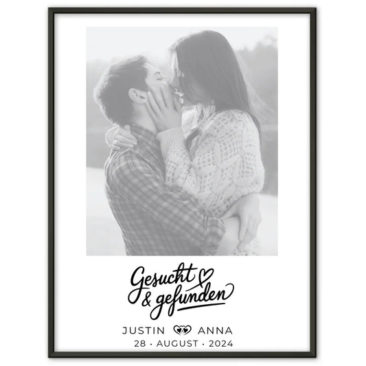 Personalisiertes Foto Poster für Paare mit Namen und Datum in Schwarz Weiß