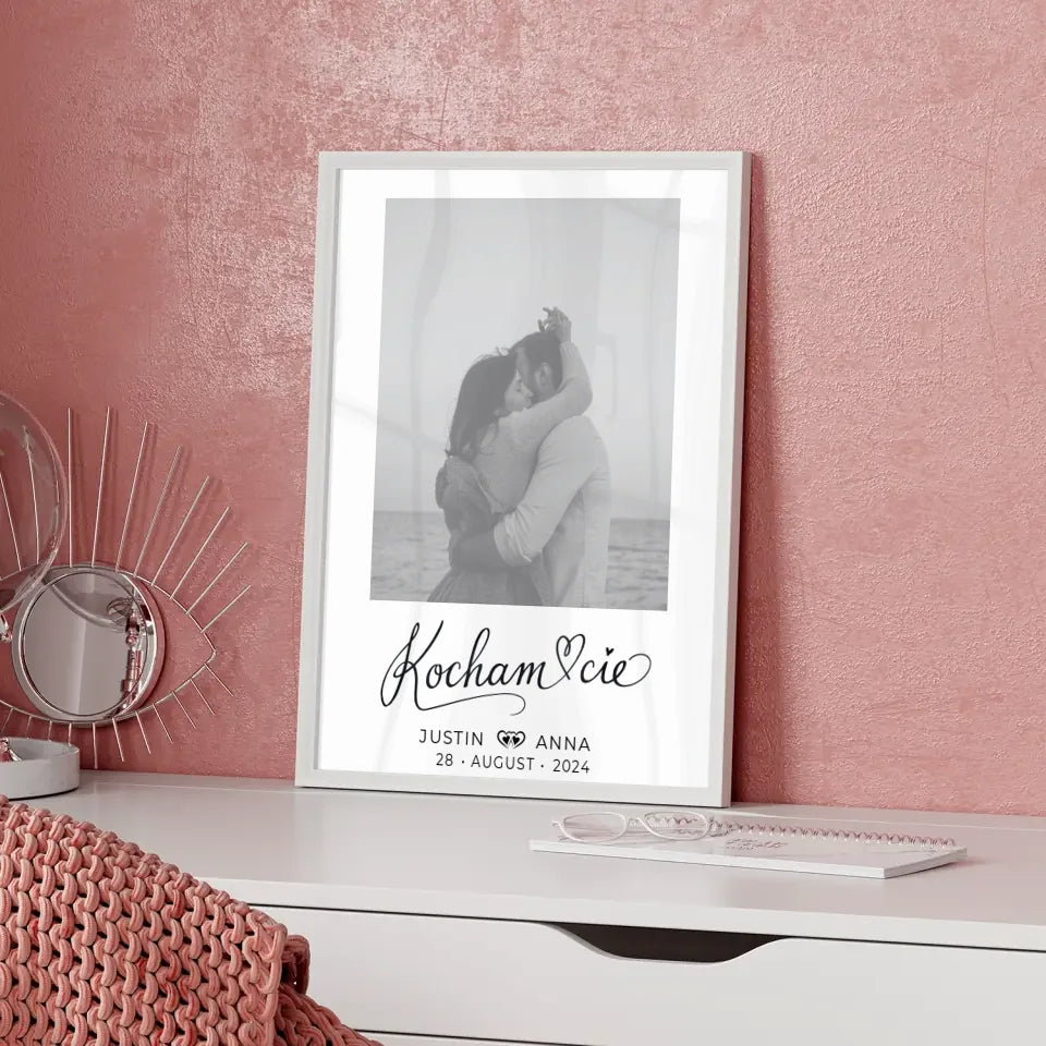 Personalisiertes Foto Poster Paare mit Namen Kocham Cie Schwarz Weiß