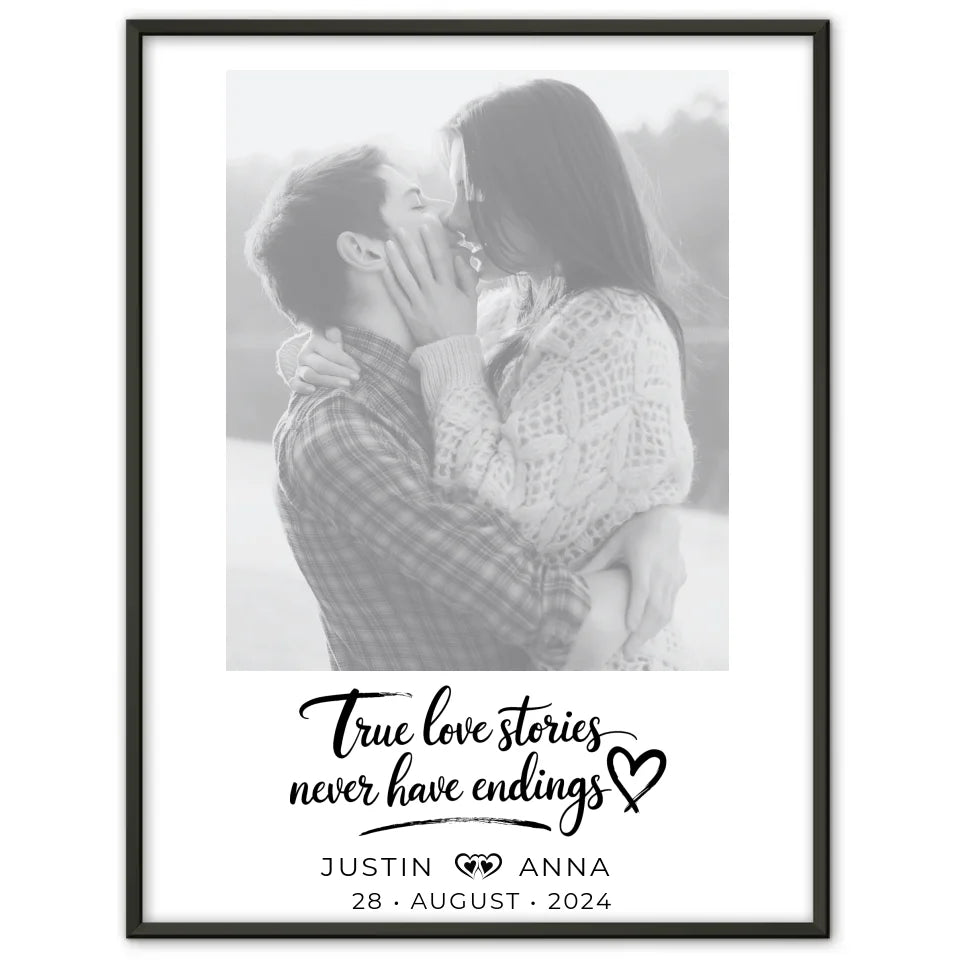 Personalisiertes Foto Poster Paare mit Namen True Love Stories Schwarz Weiß