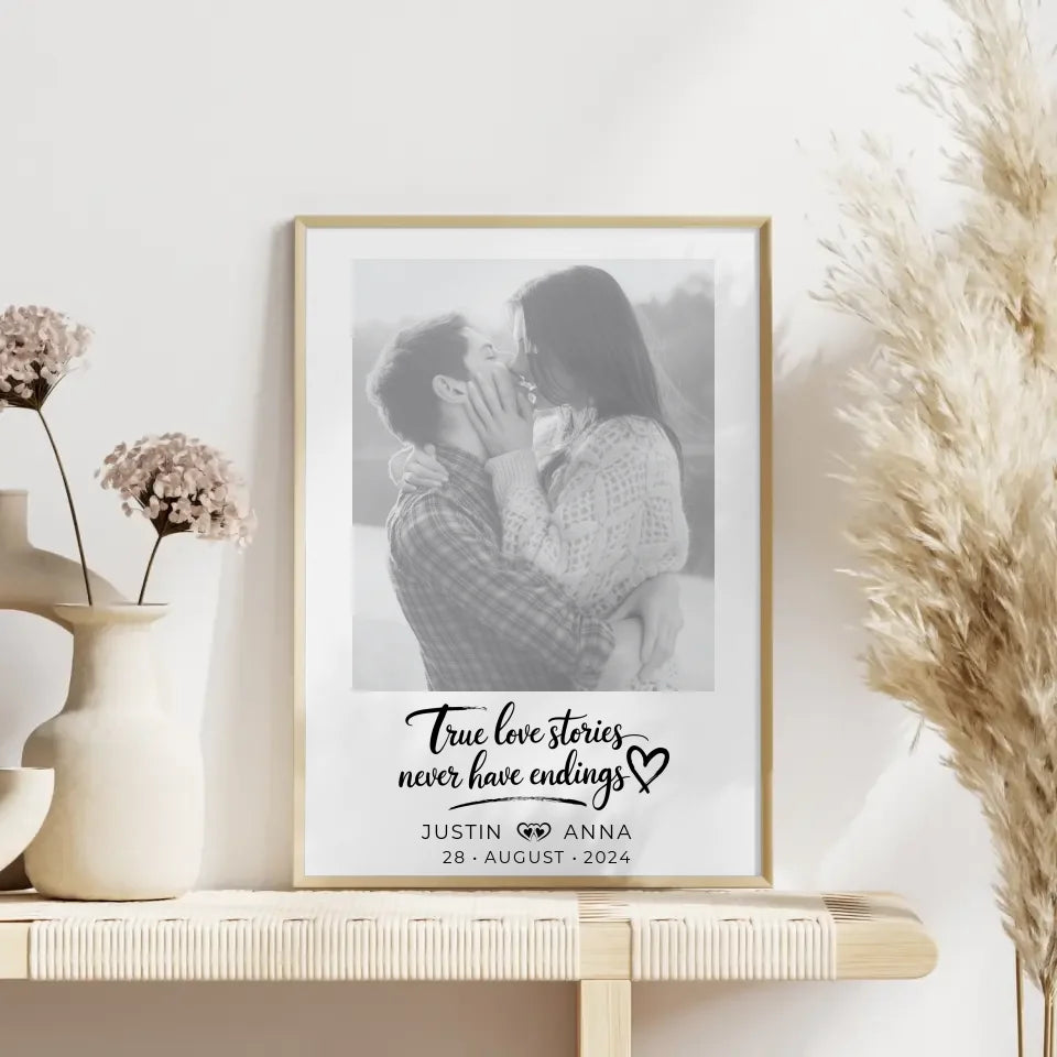 Personalisiertes Foto Poster Paare mit Namen True Love Stories Schwarz Weiß