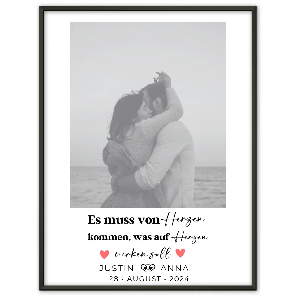Personalisiertes Foto Poster Paare mit Namen von Herzen Black & White