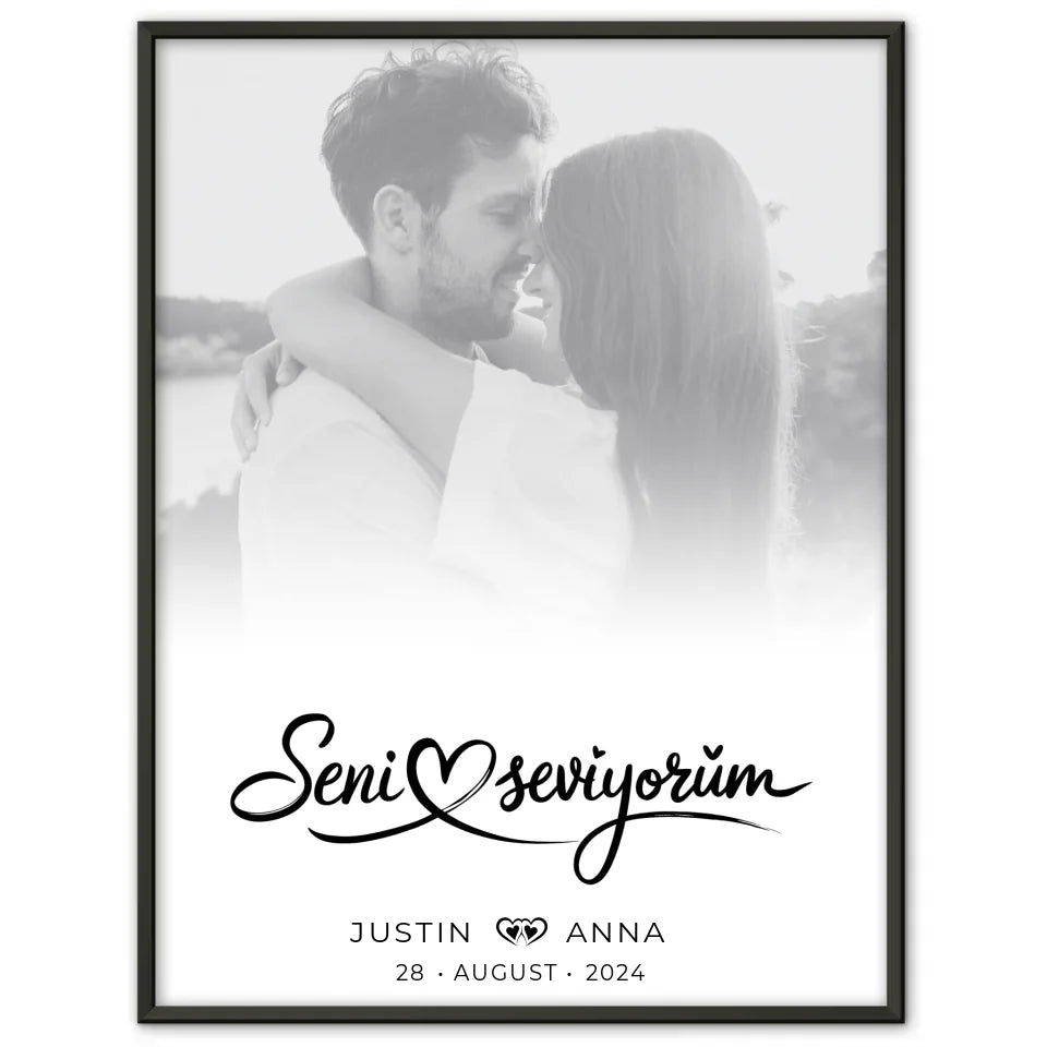 Personalisiertes Poster für Paare Foto Black & White Seni Seviyorum mit Namen