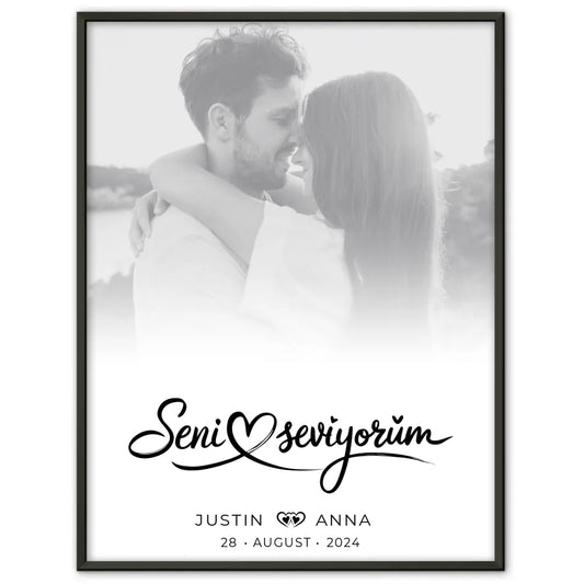 Personalisiertes Poster für Paare Foto Black & White Seni Seviyorum mit Namen