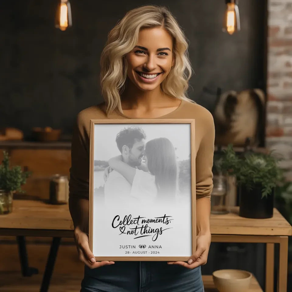Personalisiertes Poster für Paare mit Foto in Schwarz Weiß Collect Moments Not Things